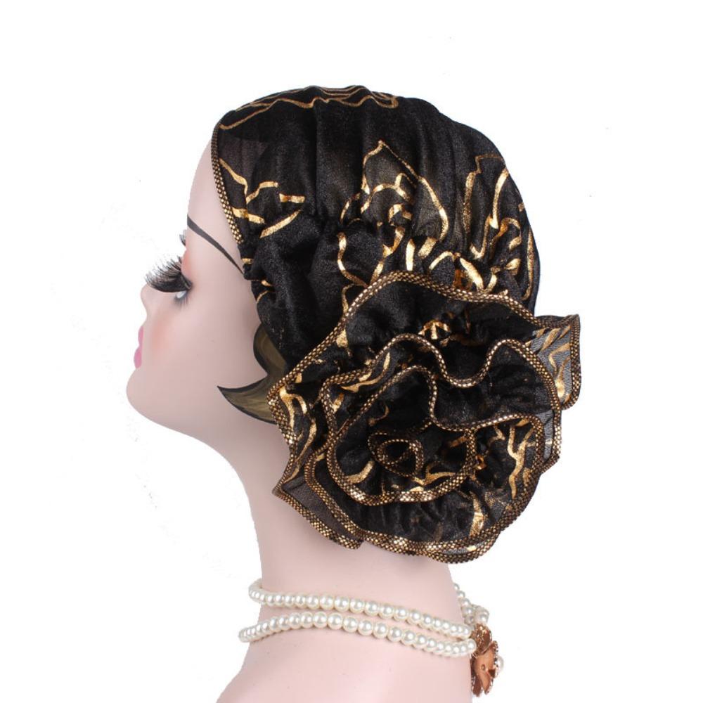 Bronzing Flower Women's Hat Elastic Casual Hair Bonnets African Turban Caps  Four Seasons