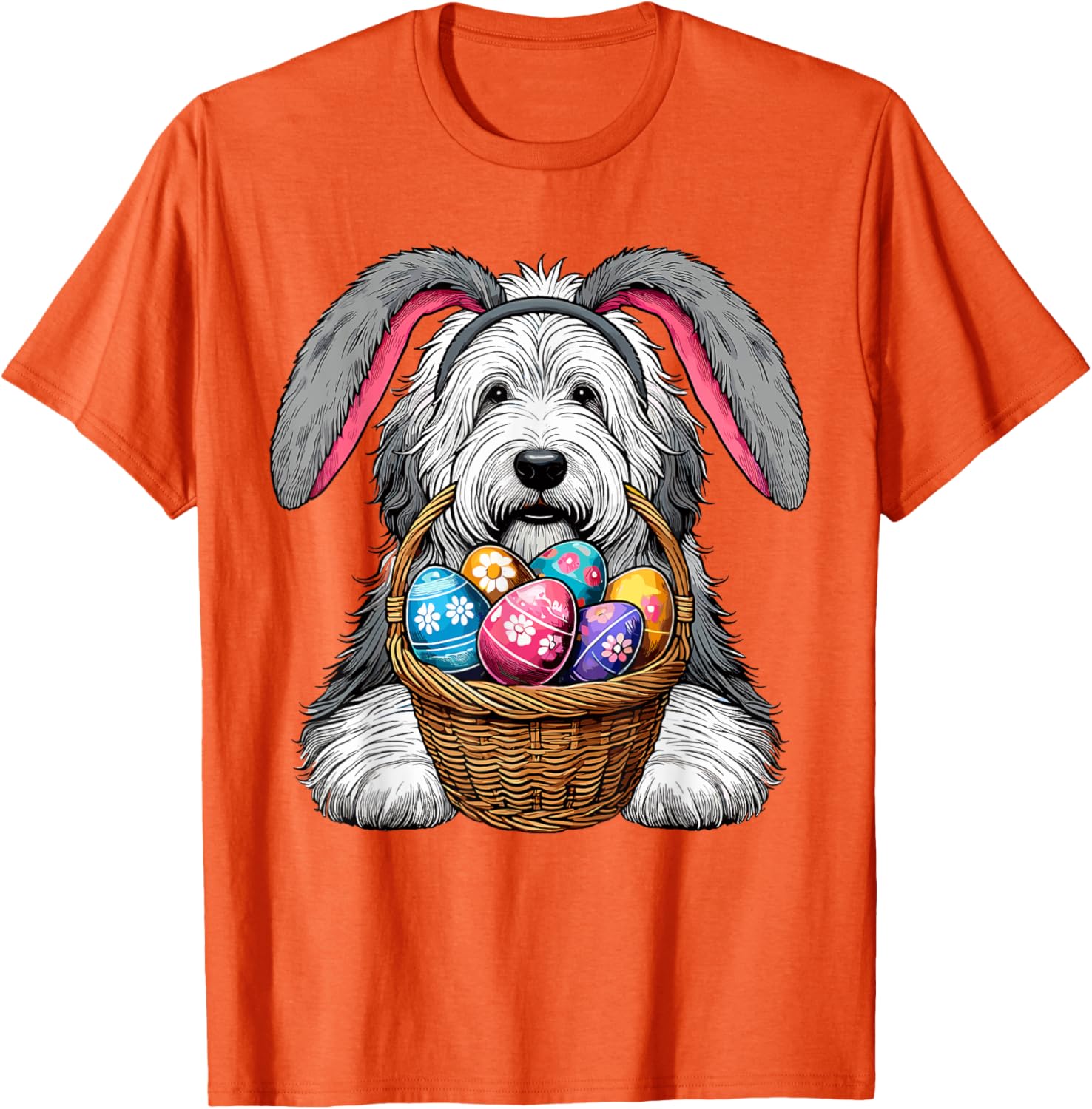 Old English Sheepdog Easter Bunny Graphic Tee Short Sleeve Cotton Casual T-Shirt for Men Women 4XL