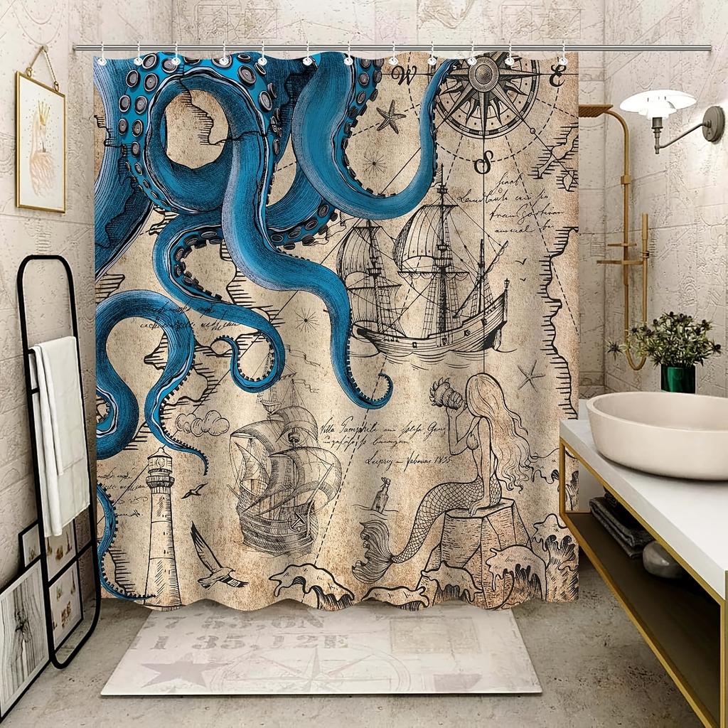 Beach Shower Curtain Ocean Shower Curtain - 1pc Navy Blue Mermaid Fun Shower Curtain Bathroom with 12 Plastic Hooks