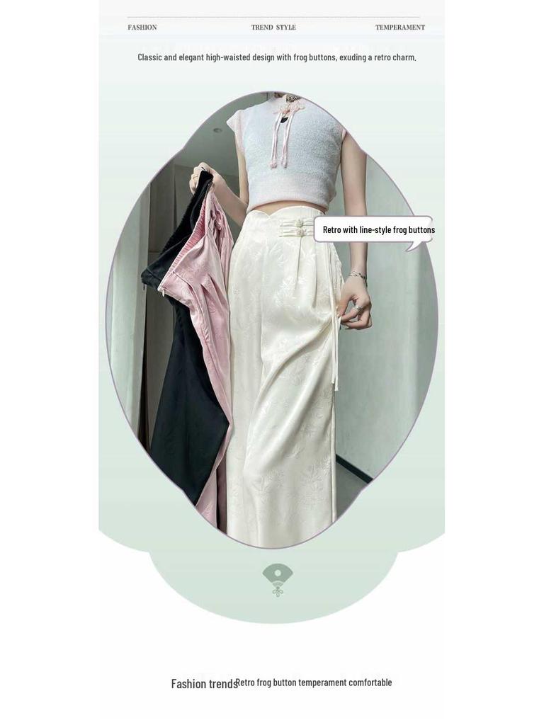 2026 Spring/Summer Chinese Style Satin Wide-Leg Frog Button Pants - Women's Slimming Straight-Leg, Floor-Length Business Trousers