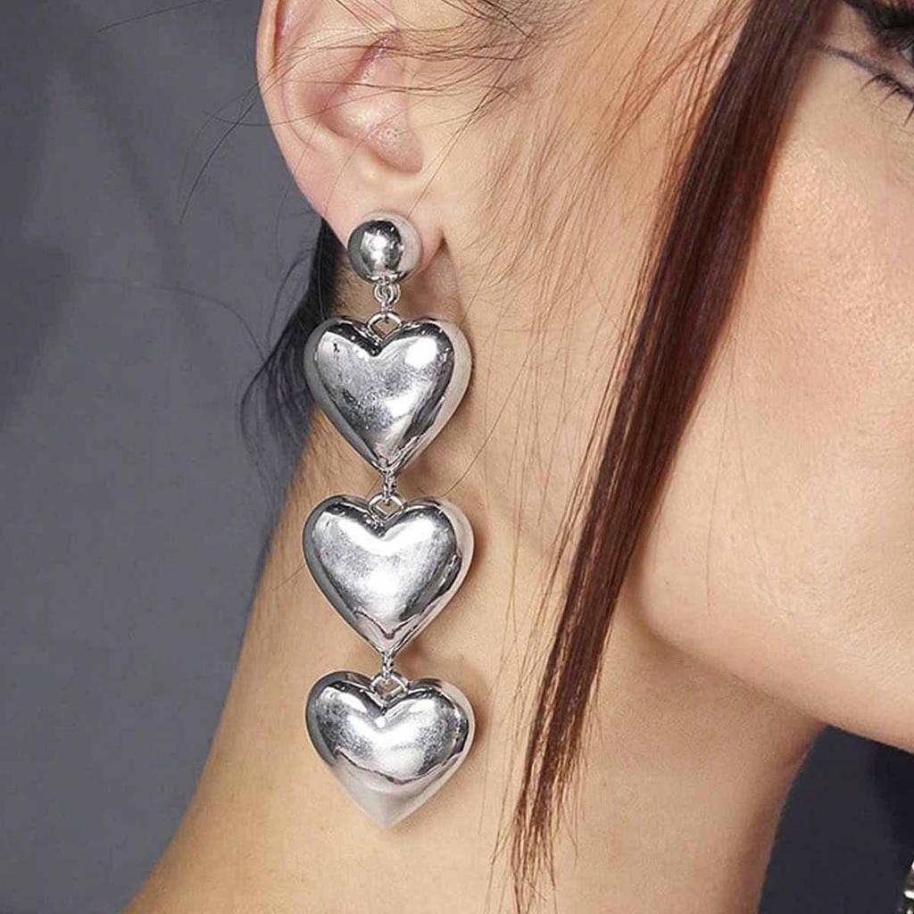 European-American Cross-Border Metallic Heart Pendant Stud Earrings with Exaggerated Design and Bright Texture