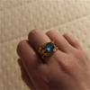 Vintage Design Gold Color Women's Ring Geometry Fashion Metal Carving Leaf Flower Inlaid with Green Stone Ring Jewelry