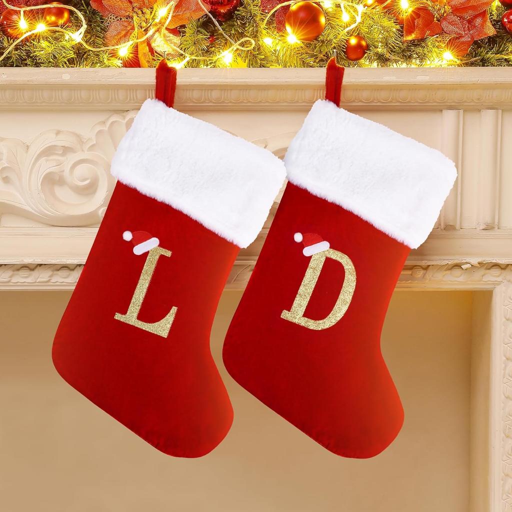 20 Inches Monogram Christmas Stockings with Letters, Large Super Soft Christmas Stockings Red Velvet with White Super Soft Plush Cuff for Christmas