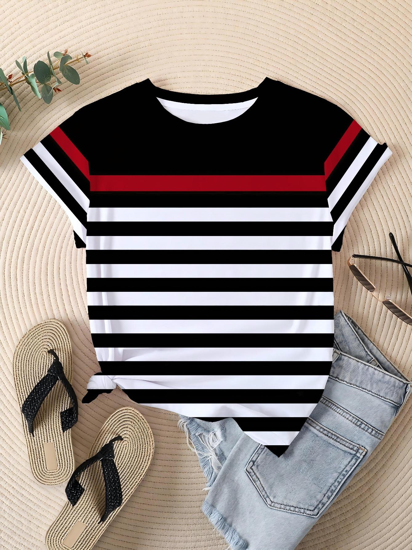Women s plus size classic contrasting striped casual round neck short sleeved T-shirt XXS