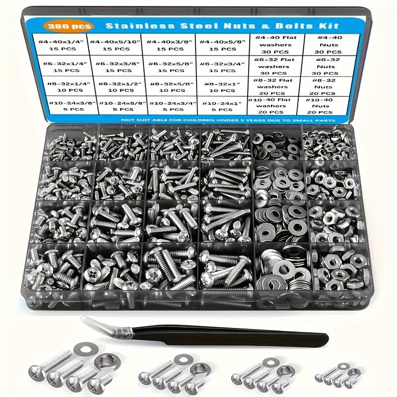 

380 шт. Крепежные изделия из нержавеющей стали - Набор шестигранных гаек и болтов с защитой от коррозии с кейсом для хранения, крестообразная полукруглая головка, плоские шайбы, размеры серебряный