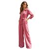 Women Loose Fitting Rompers V Neck Long Sleeves Jumpsuit, Collared One Piece Romper with Wide Leg Pants Belt, Solid Color Dressy Casual Fall Outfits