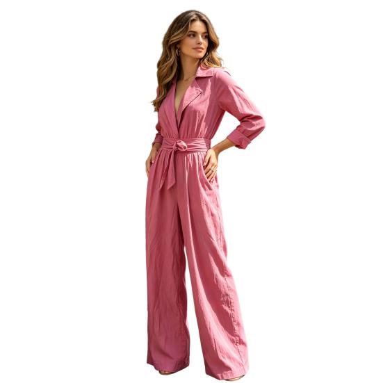 Women Loose Fitting Rompers V Neck Long Sleeves Jumpsuit, Collared One Piece Romper with Wide Leg Pants Belt, Solid Color Dressy Casual Fall Outfits