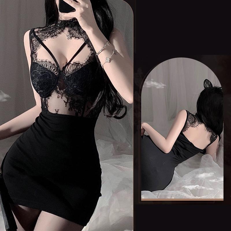 2025 New Sheer Bodycon Skirt Black Sexy Lace-Trimmed Mesh Nightdress Strappy Padded Home Sleep Dress