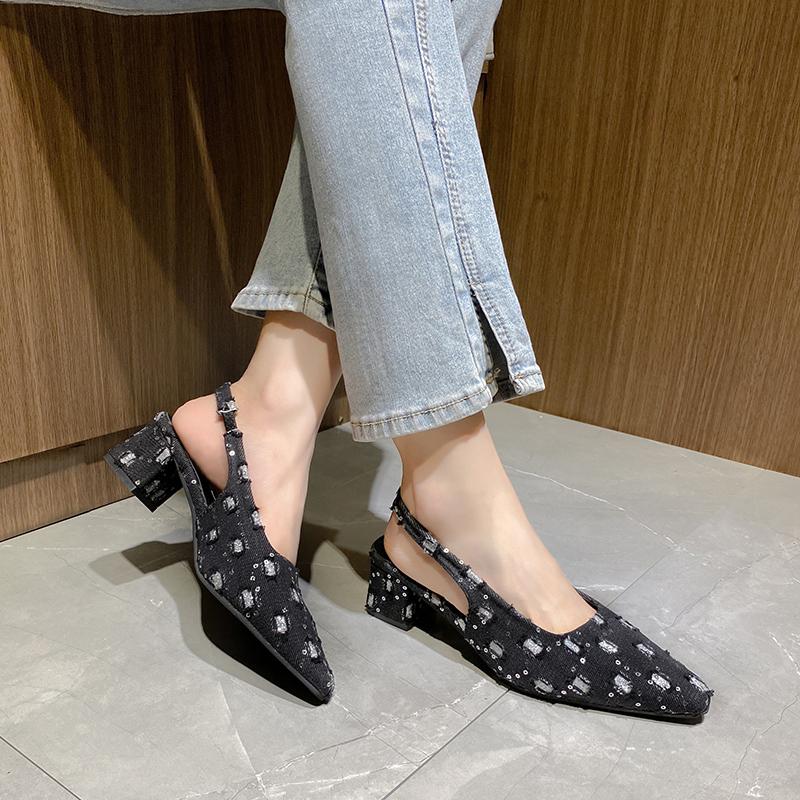 Fashion Spring New Baotou Sandals for Women Fashion Pointe Shallow Mouth Sequin Cloth Slip-on Anti-slip and Wear-resistant Heel Shoes