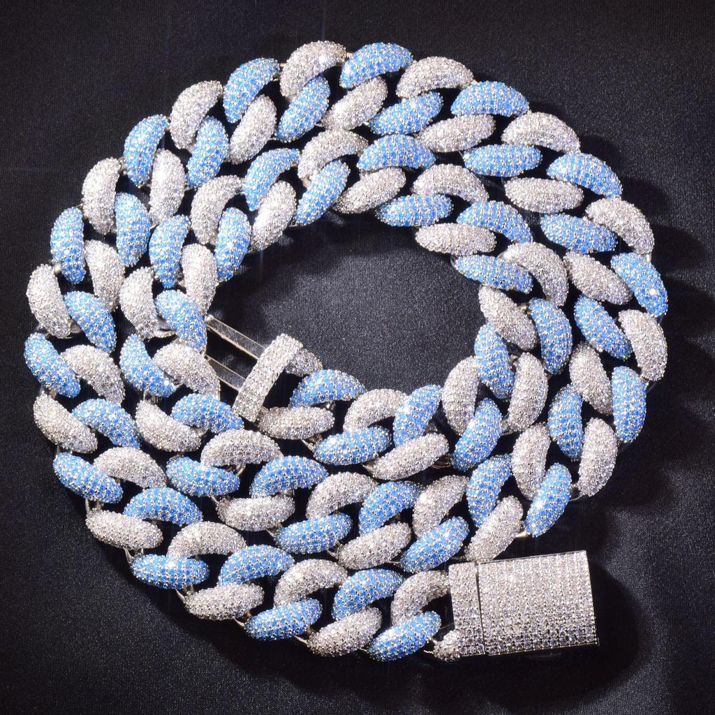 Silver Blue 14MM Cuban Link Necklace and Bracelet - European & American Hip Hop Fashion Trend Jewelry