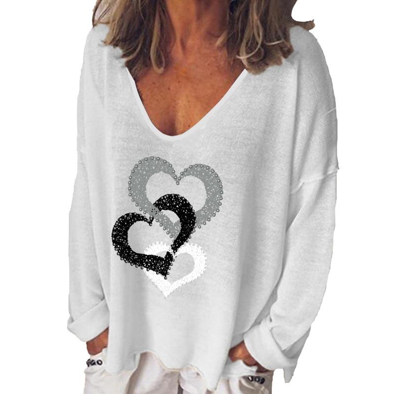 Women S V Neck Long Sleeve Heart Print Loose T Shirt
