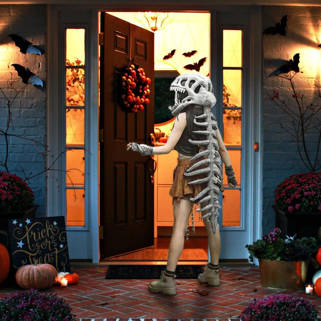 3D Dinosaur Skeleton Costume Set Halloween Realistic Dinosaur Headgear Plush Skeleton Dinosaur Costume For Men Women Kids Adults