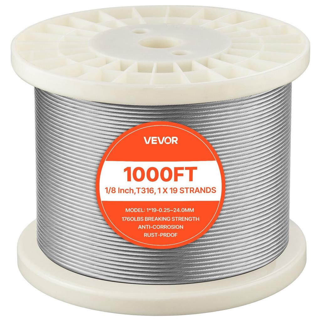 3.2 mm Wire Rope, 304.8 m Length, 316 Stainless Steel Wire Cable with Cutter, 798 kg Breaking Strength, 1 x 19 Strands Construction, Steel Cable for
