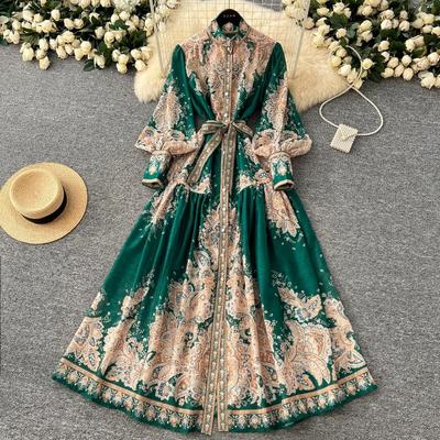 Elegant Vintage Palace Evening Dress Women Long Party Dress Spring France Print Sashes Tying Luxury Festival Clothing New Female