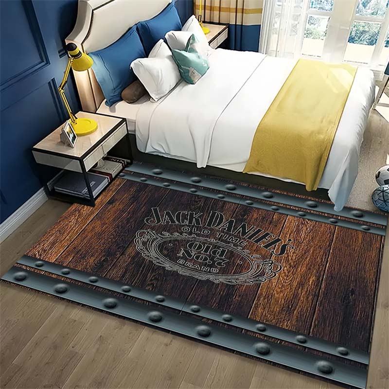 Jack Daniels Whiskey Rug Dark Wood Rivet Frame Logo Print Area Rug Floor Mat