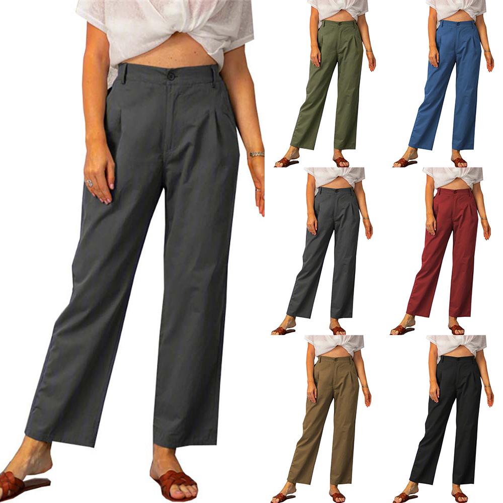 

Женские однотонные прямые шаровары с высокой талией