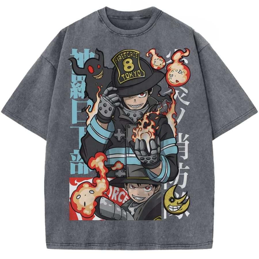 Fire Force Shinra Kusakabe Printed Tee Men Women Washed Cotton T-shirts Manga Vintage T Shirt Harajuku Male Short Sleeve Tshirt