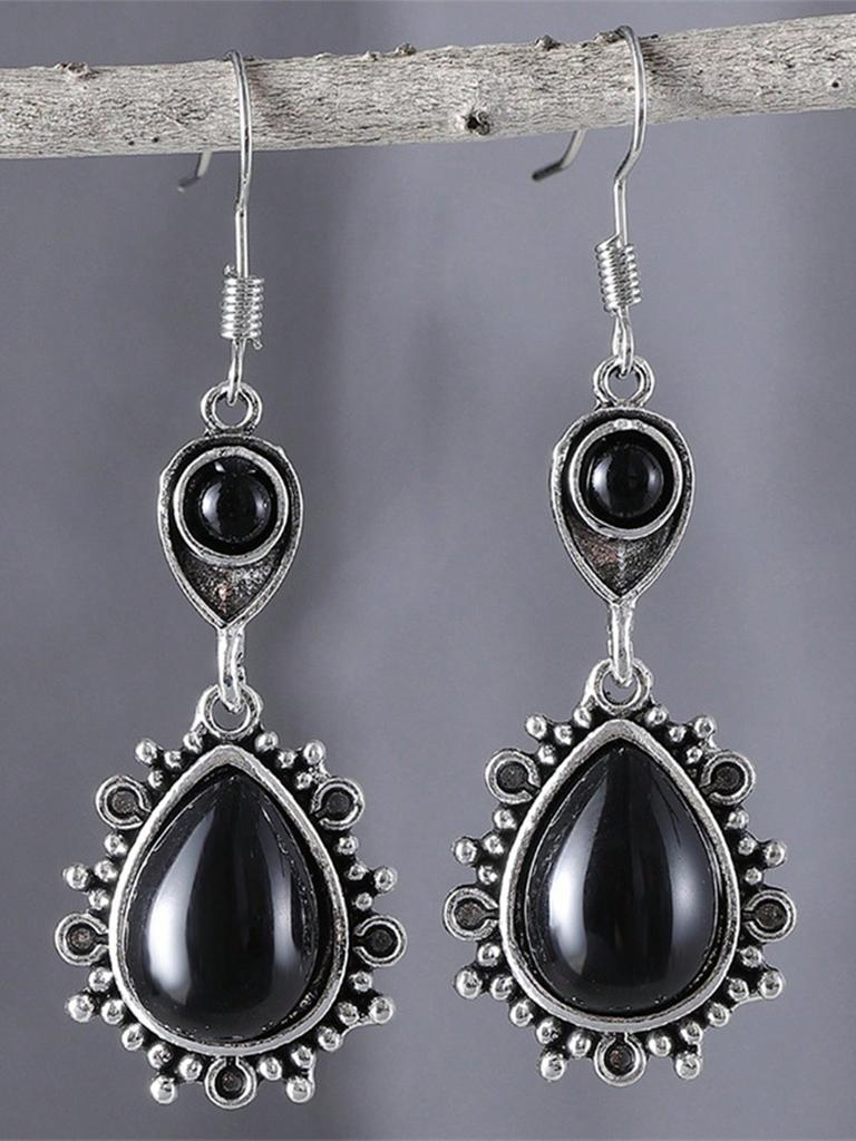 1pair Vintage Black Drop Dangle Earrings,Black Synthetic Gemstone Geometric Triangle Hollow Out Design Boho Jewelry Accessories for Women Daily Wear