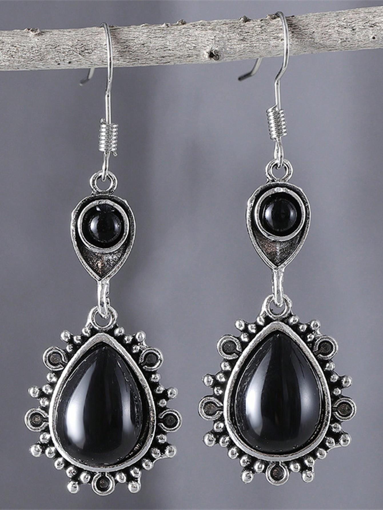 

1 пара Винтажные черные серьги-капли, Черный синтетический драгоценный камень, Геометрический дизайн с вырезами в виде треугольника, Бохо ювелирные аксессуары для женщин для повседневной носки