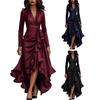 Women's Satin V Long Sleeve Split A-Line Wrap Dress Dress Tie Waist Neck Ruffle