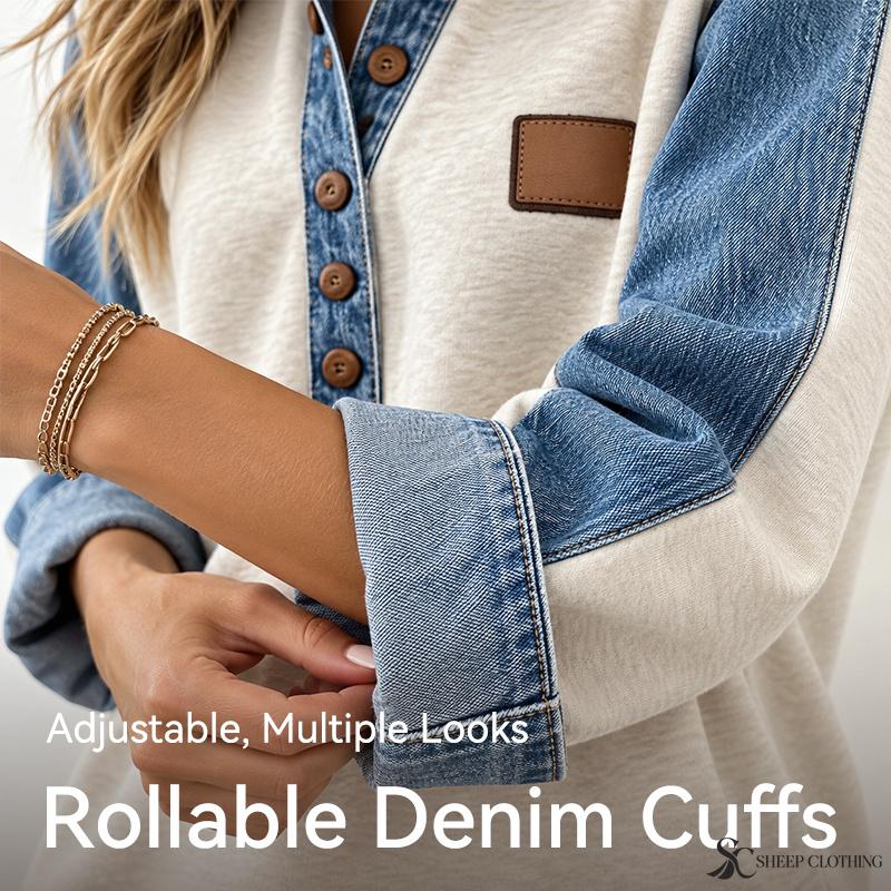 Women's Denim Patchwork Long Sleeve Top Denim Collar and Sleeves Color Block Button Placket Casual Loose Fit Shirt