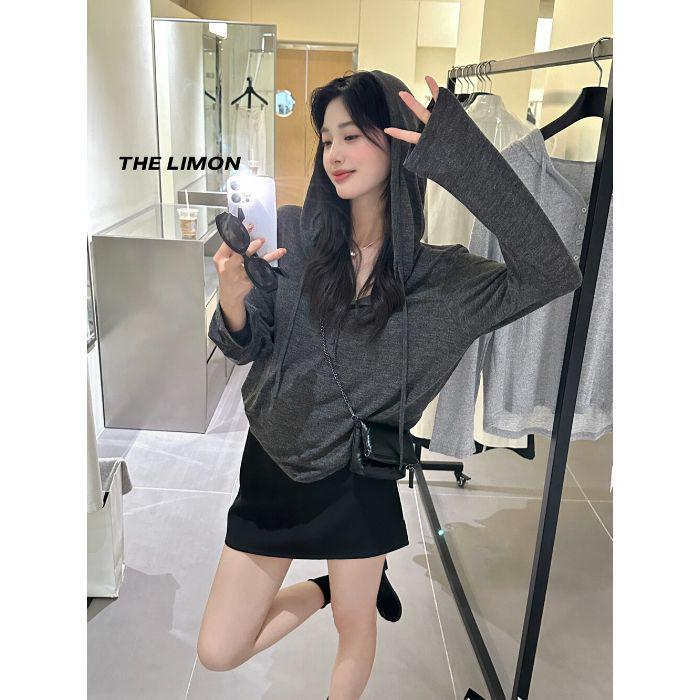 

Korean Slim-Fit Hooded Long Sleeve Casual Top - Trendy Cotton Cashmere Blend Extra Large темно-сірий