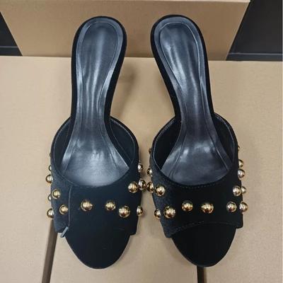 Peep Toe Women Stiletto Mules Shoes Slip On Retro Gold Rivets Flock Slip On  Summer Daily Casual Modern Sandals for Female