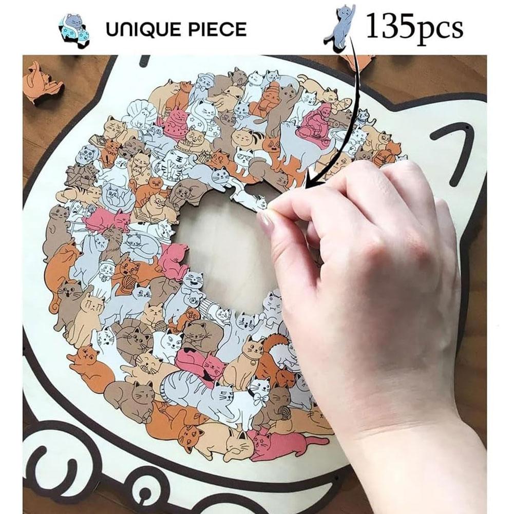 135 PC Cat-shaped Wooden Jigsaw Puzzle Unique Irregular Puzzle Pieces Game Birthday Xmas Gifts for Cat Lovers Home Decorations