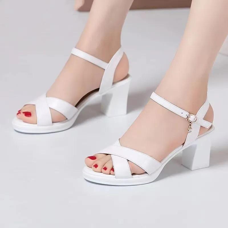 2024 New High Heel Women Shoes with Fashionable Design One Button Sexy Thick Heel Dance White High Heel Sandals for Women