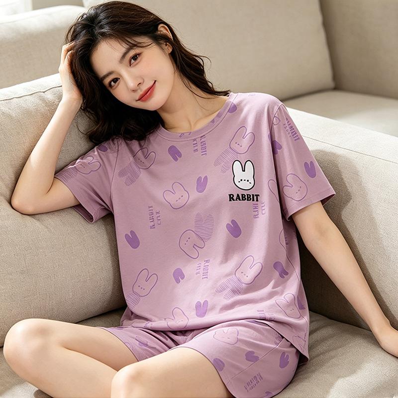 Summer casual comfortable cotton women's pajamas gentle and cute cartoon round neck short-sleeved cropped pants three-piece loungewear