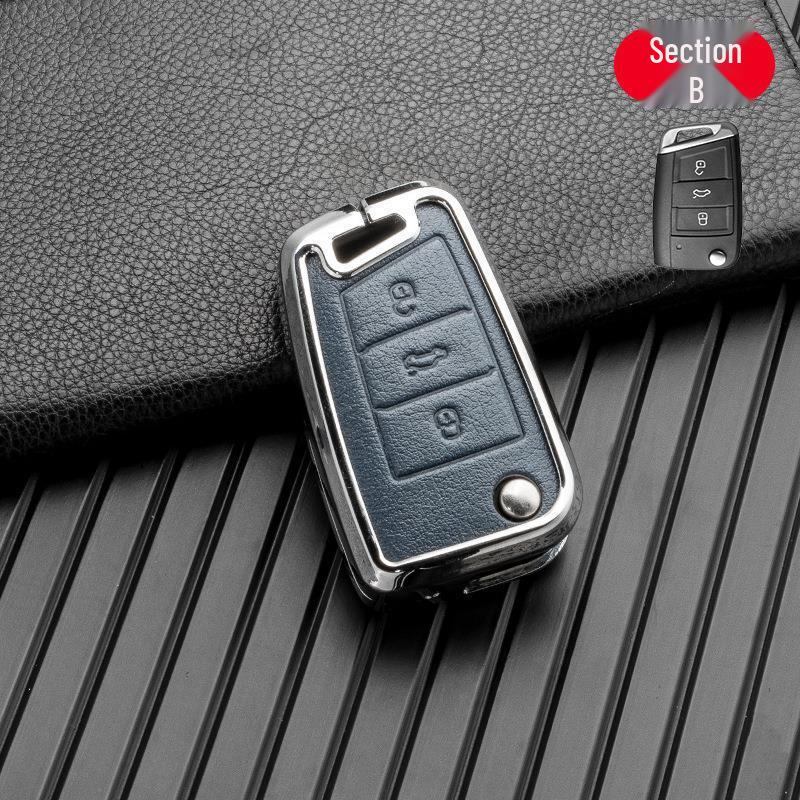 Volkswagen/Skoda Double-Sided Leather Zinc Alloy Car Key Case - Non-Signal Blocking, Full-Wrap Design