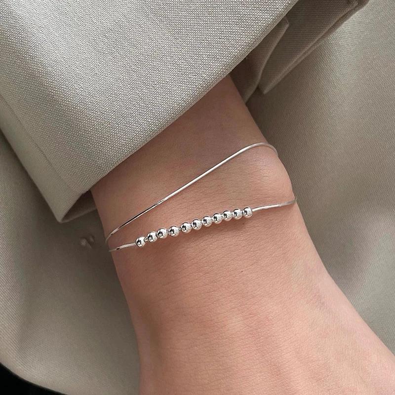 Real 925 Silver Double Layered Chain Bead Charm Bracelets for Women Classic Fine Jewelry Geometric Accessories