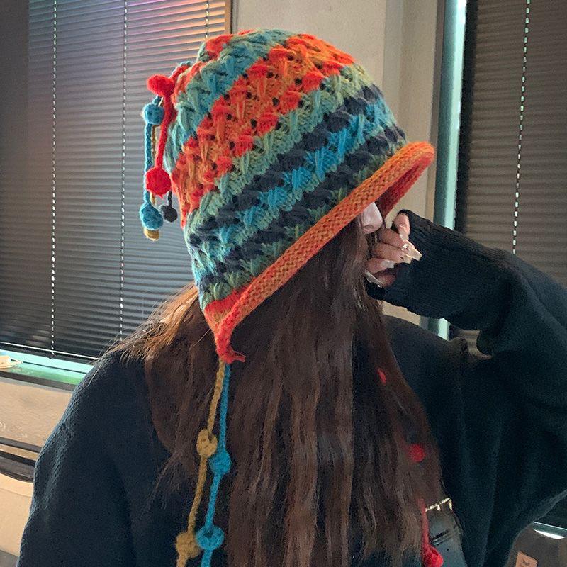 Women'S Baotou Hat Autumn And Winter Colorful Tassel Ball Tie Earmuffs Hollow Knitted Wool Hat