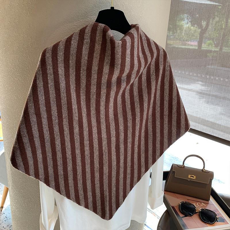 Women Striped Wool Triangle Knit Shawl Warm Winter Outerwear Wrap