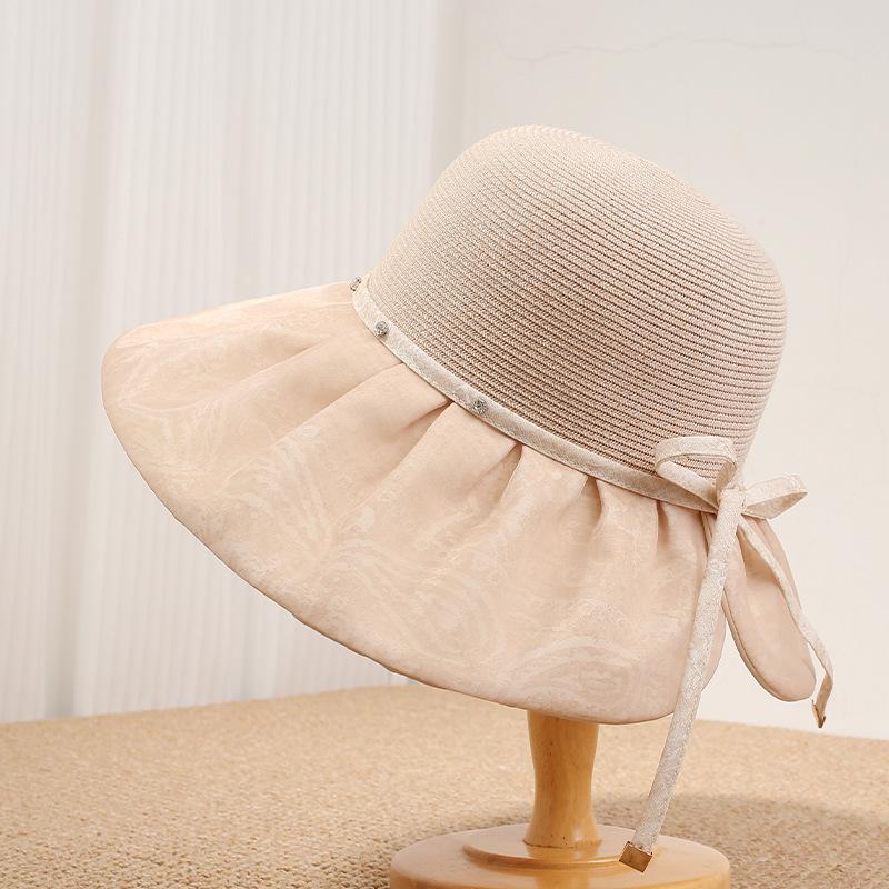 New pleated lace fashionable and elegant straw hat women's spring summer sun protection face small sun hat gentle fake bucket hat