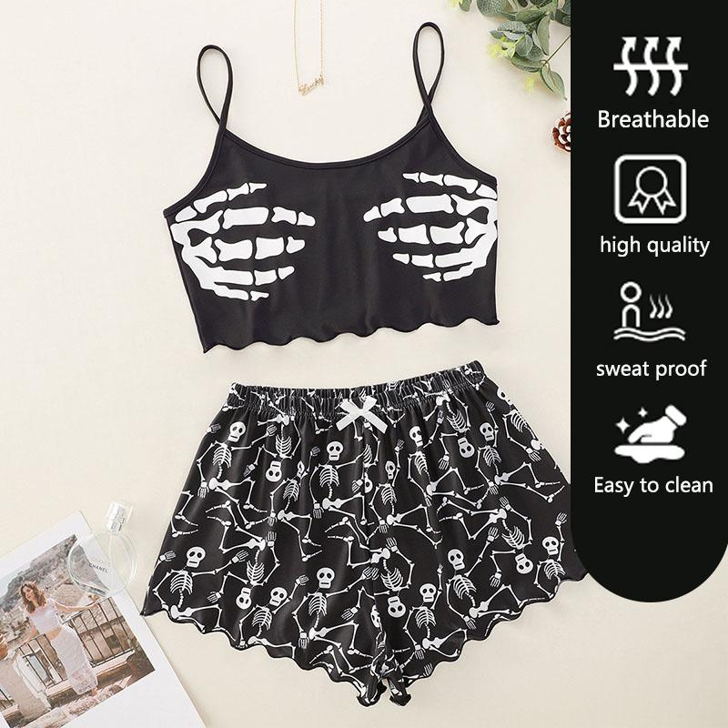 2 STÜCKE/Set Damen Bedrucktes Neckholder Bustier Top Shorts Halloween Loungewear Sexy Neckholder Shorts Damenmode Weich Lässig Sexy Pyjama