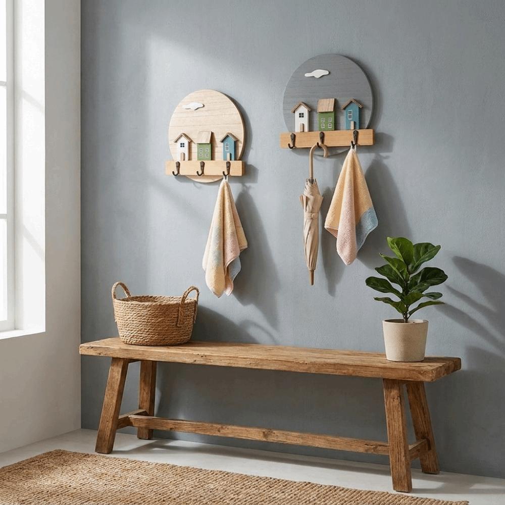 Nordic Style Wooden Wall Hook Multi Hook Entrance Key Rack Wall Hanging Storage Holder Living Room