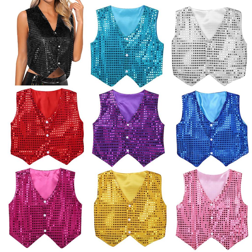 Women's Glitter Sequins Vest - Button Up Pointed Hem Waistcoat for Choir Jazz Dance & Stage Performance