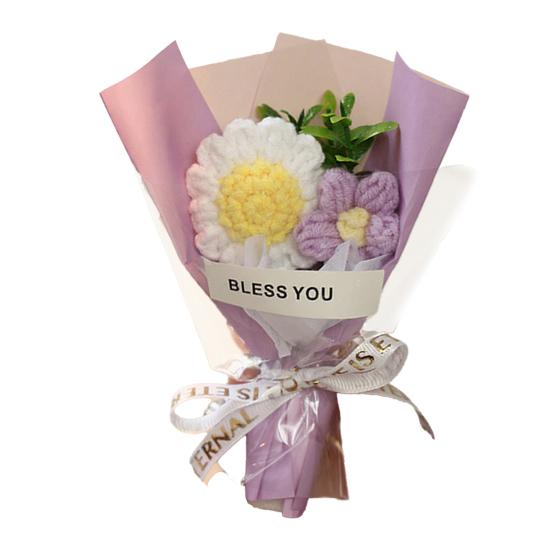 Crochet Flower Bouquet Handmade Knitted Mini Artificial Bouquet Fake Puff Flower Gift for Mother Wife On Birthday Anniversary