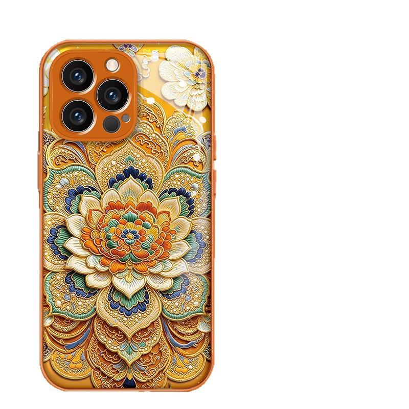 Orange Lotus Is Suitable for Apple 17Pro Mobile Phone Case 16 National Style Ip15 Purple 14pro with Bracelet 13 Water Condensation Anti-drop Case