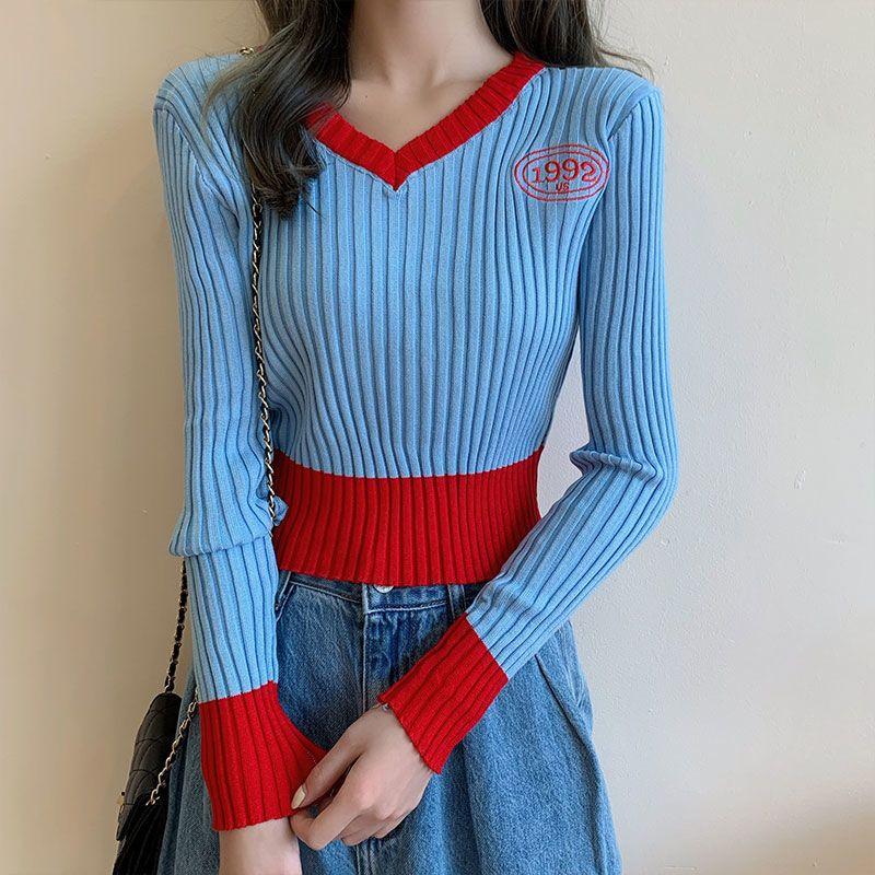 Women's V-neck Sweater Spring Autumn Long-sleeved Knitted Cropped Top Sweater Color-block Pullover Jumper