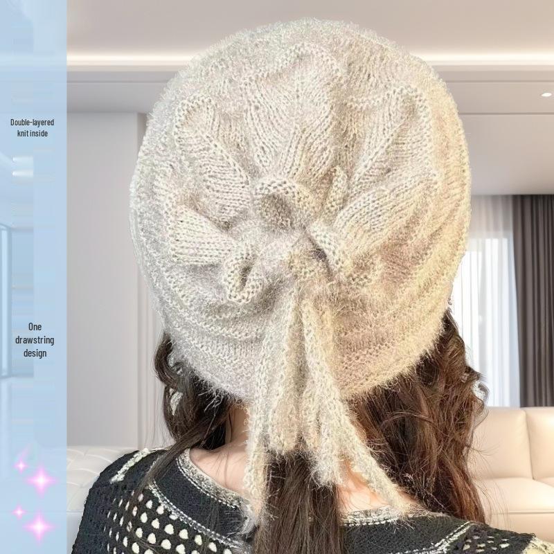 Women's Slouchy Knit Hat & Neck Warmer: Cozy Autumn/Winter Baotou Style, Large Head Fit, Face-Slimming Drawstring Design.
