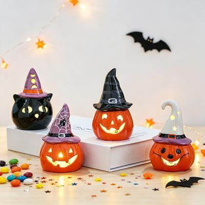 Schattige Geest Pompoen Tovenaarsmuts Decoratie Halloween Keramische Theelichthouder, Verlichte Figuur met Gelaagd Dienblad Decoratief Licht Heksenhoed, Tafelblad