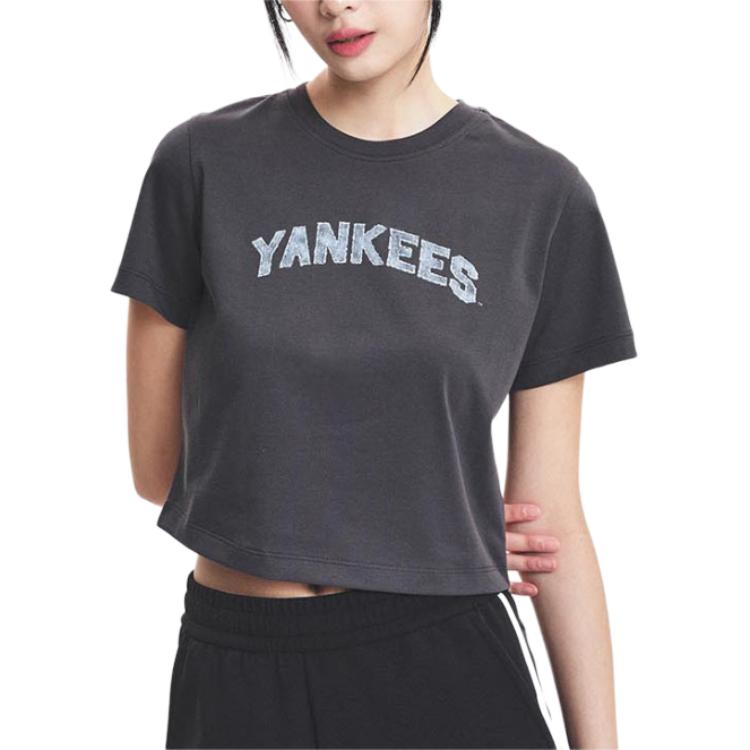 MLB Denim Letter Round Neck Short Sleeve Summer Breathable T-Shirt Women tops Black 3FTSM0553-50CGS