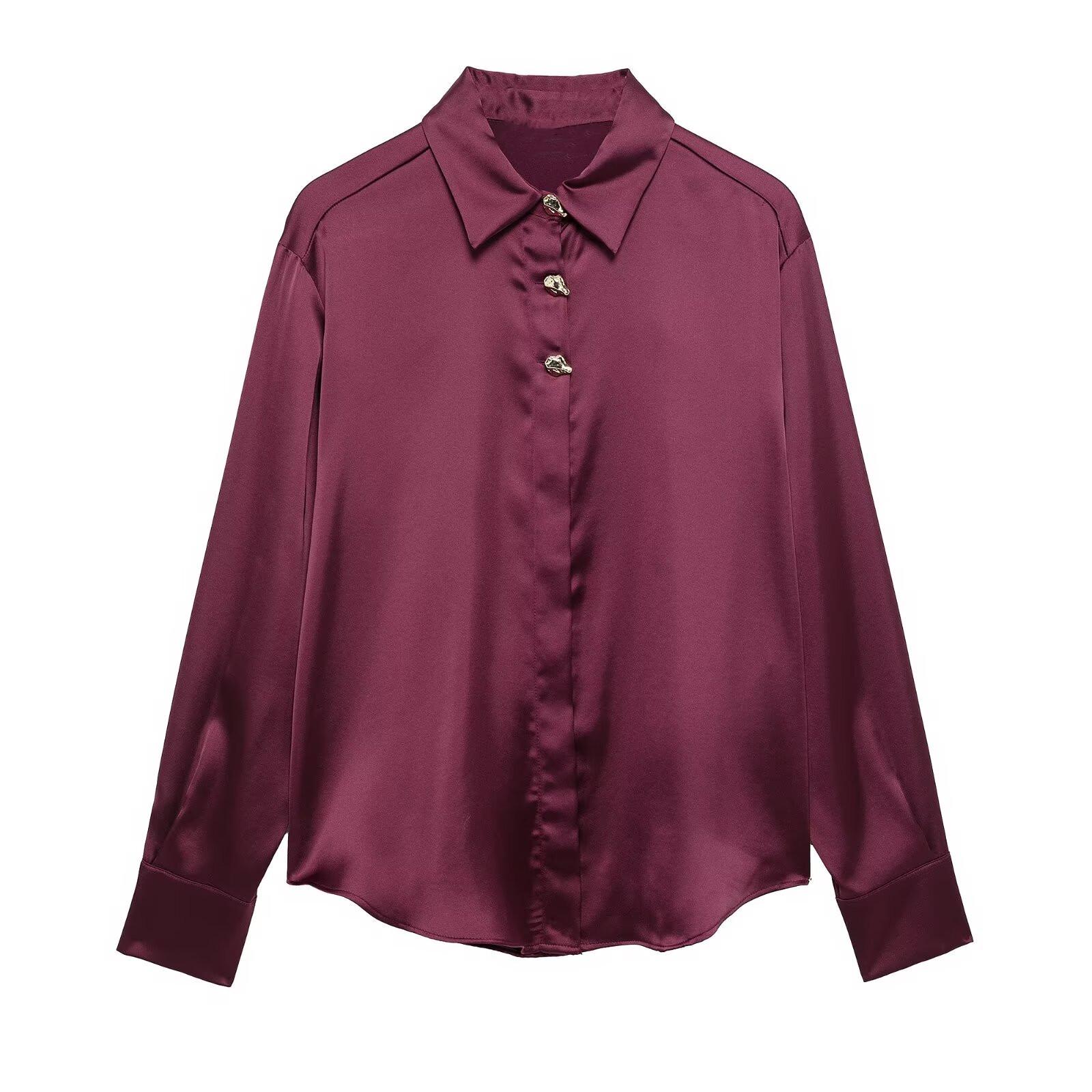 

2025 Spring Women s Silk Satin Long-Sleeve Button-Down Shirt XS