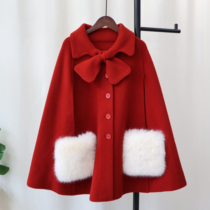 Bow knitted double-sided woolen coat cape autumn and winter new high-end sweater jacket women