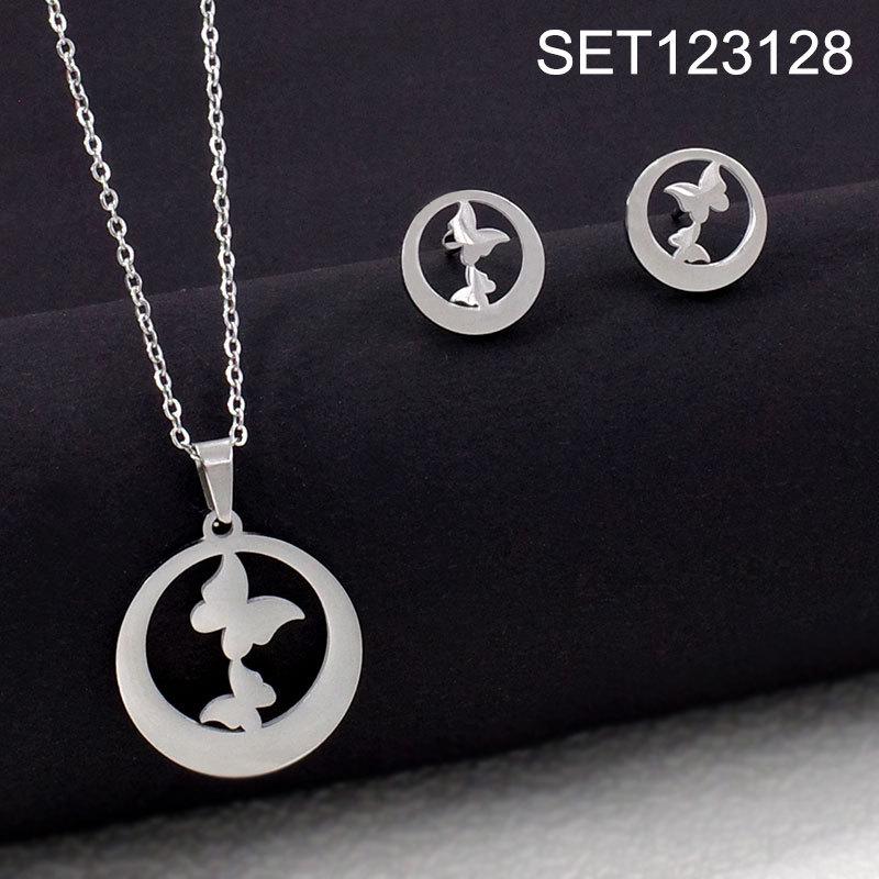 Fashionable Gold-Plated Animal Pendant Necklace & Earring Set - Stainless Steel Cat, Dolphin, Deer Design