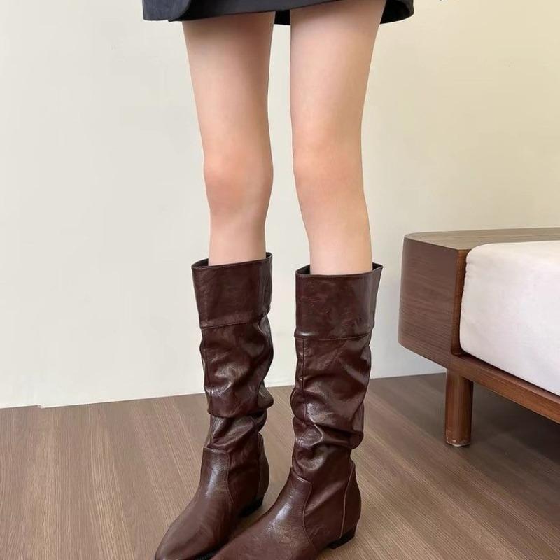 Fashion New Style Shoes for Women Spring Knee High Boots Black White Tall Boots Woman Pleated Low Heels Casual Leather Female Long Shoes