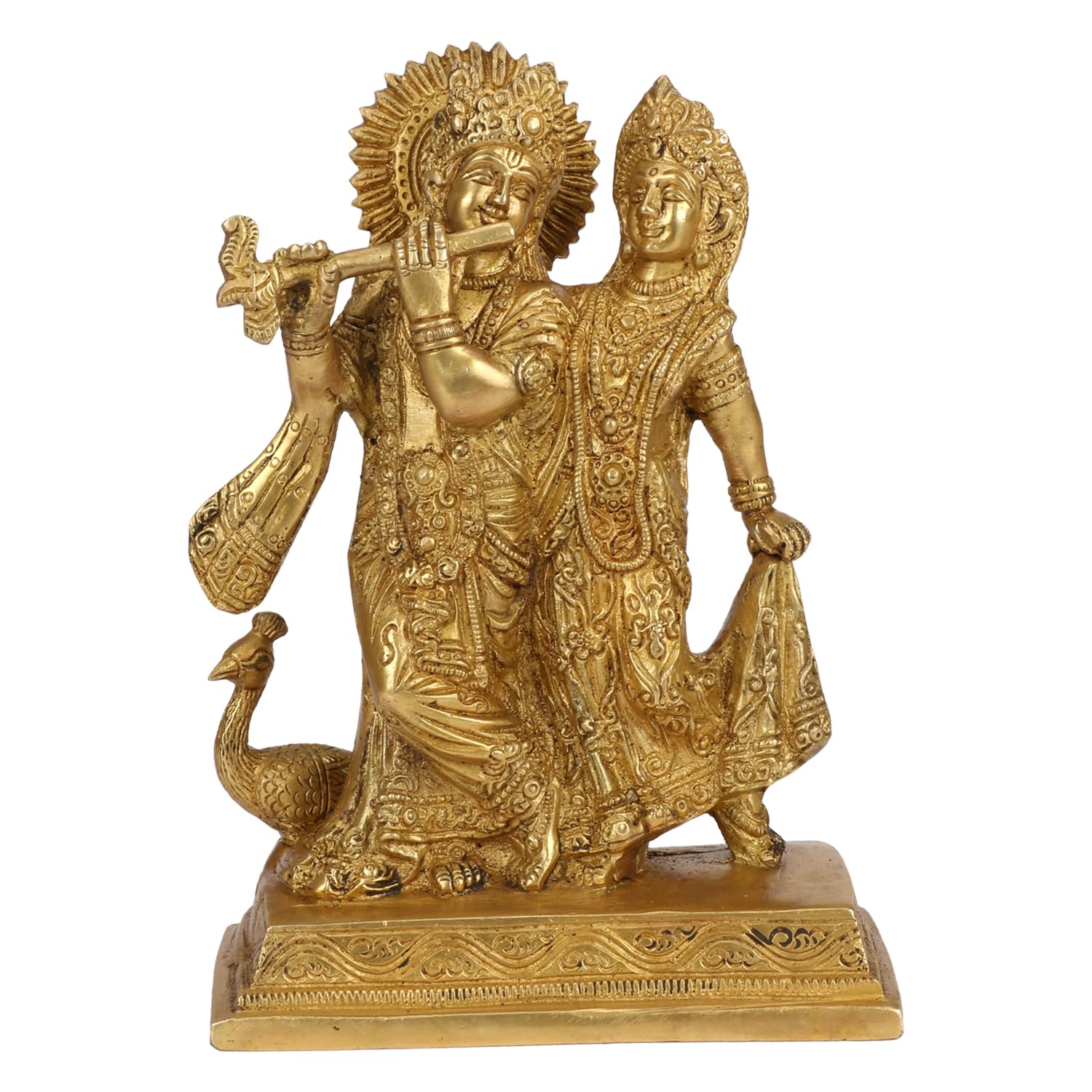 Original Brass Radha Krishna Playing Flute Statue, God Statue, Gold - 8 Inch