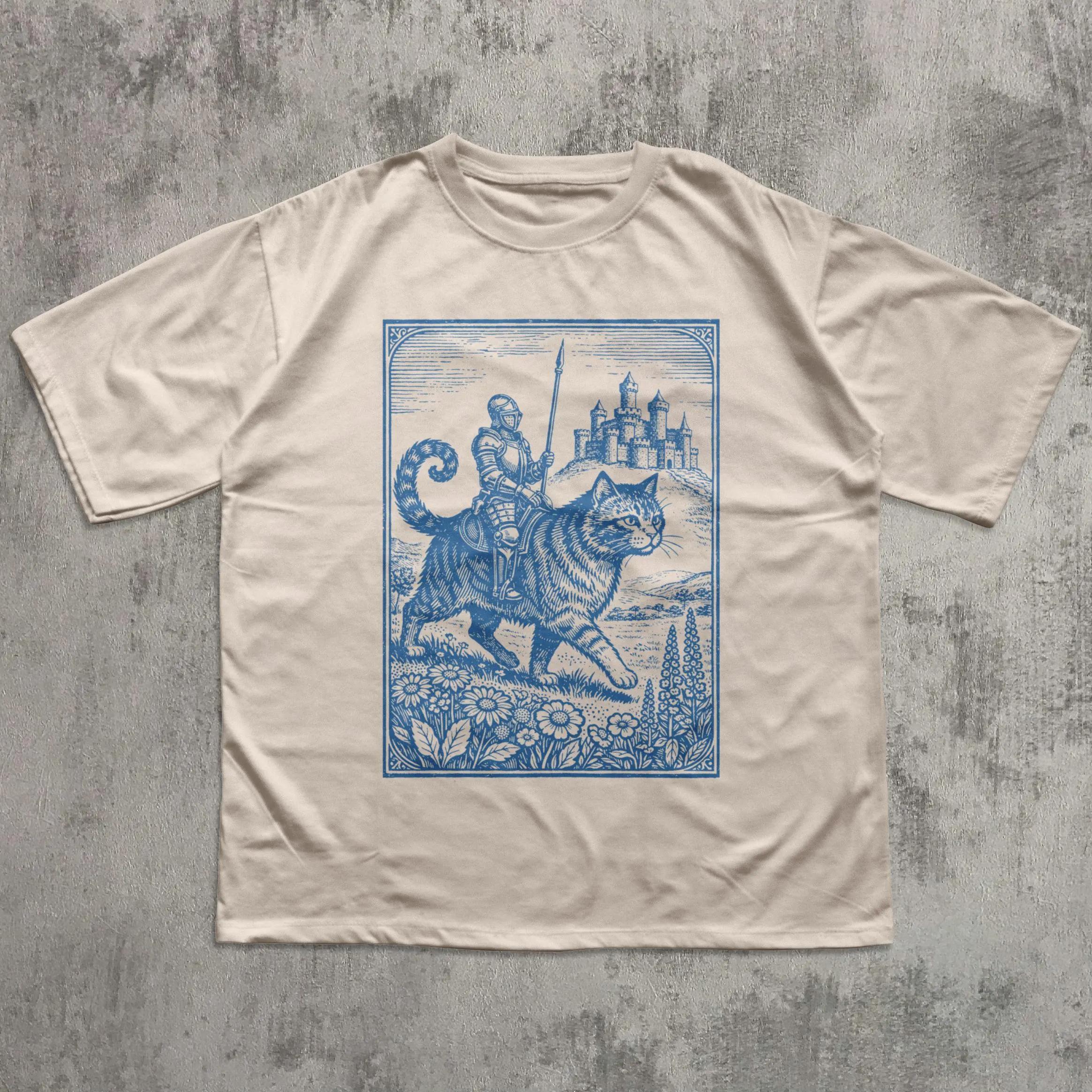

Summer Men s Pure Cotton Vintage Knight Riding Cat T-shirt Casual Stylish Loose and Breathable Suitable for Everyday Wear S разноцветный